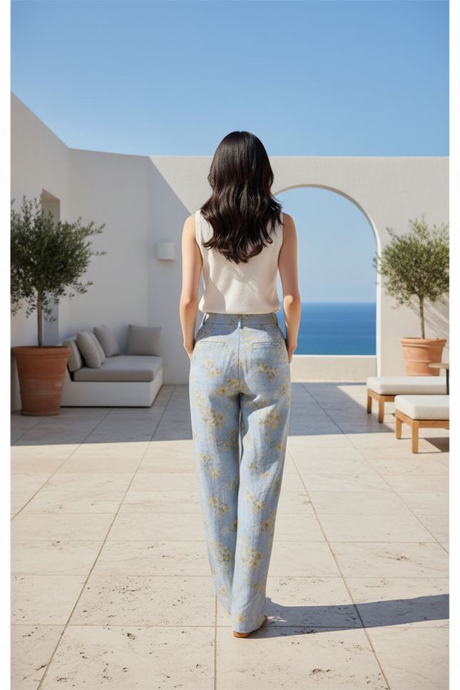 Pantalon En Lin Fleuri Bleu Ample Estival Décontracté - vue 2