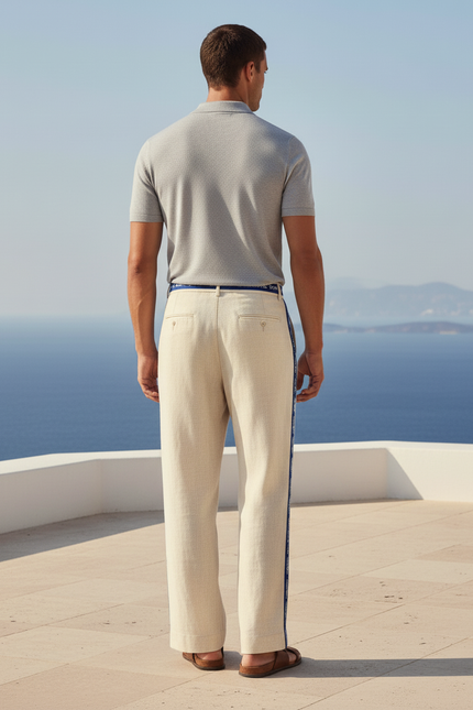 Pantalon En Lin Rayure Bleu - Beige - vue 2