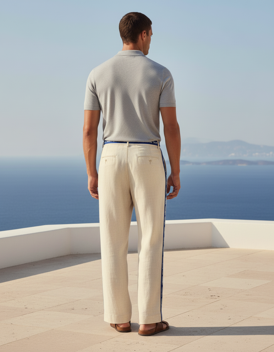 Pantalon En Lin Rayure Bleu - Beige - vue 2