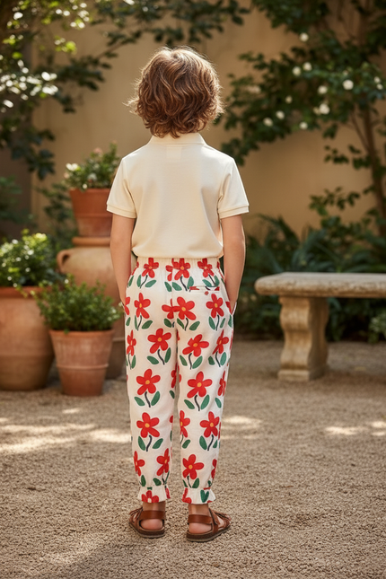 Pantalon En Lin Blanc Imprimé Floral Rouge Ample - vue 2
