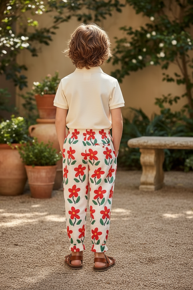 Pantalon En Lin Blanc Imprimé Floral Rouge Ample - vue 2