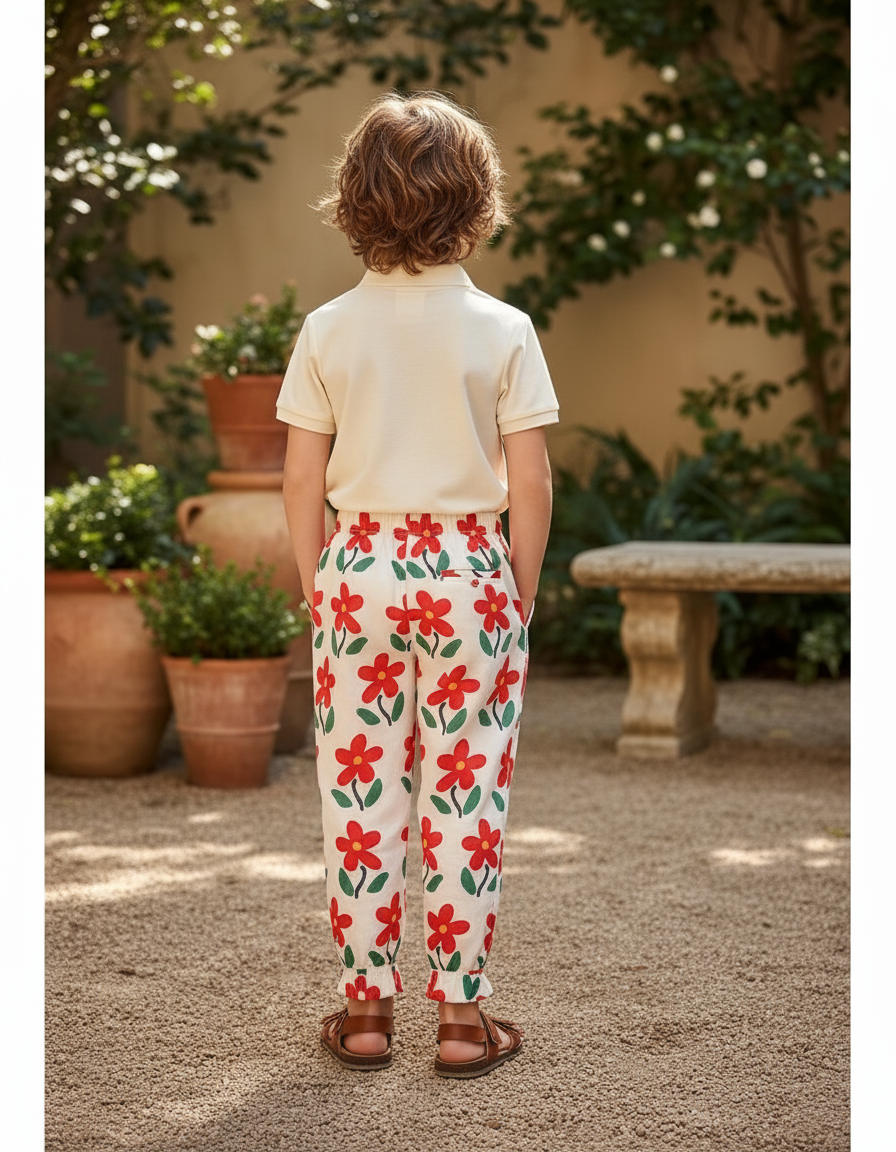 Pantalon En Lin Blanc Imprimé Floral Rouge Ample - vue 2