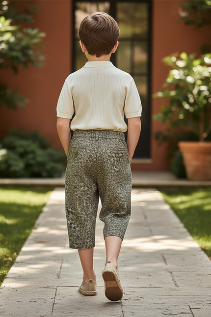 Pantalon En Lin Ample Vert Imprimé Décontracté Enfant - Kaki Tweed - vue 2