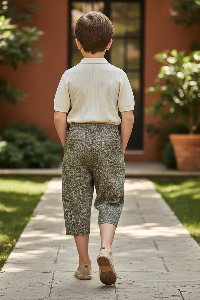 Pantalon En Lin Ample Vert Imprimé Décontracté Enfant - Kaki Tweed - vue 2