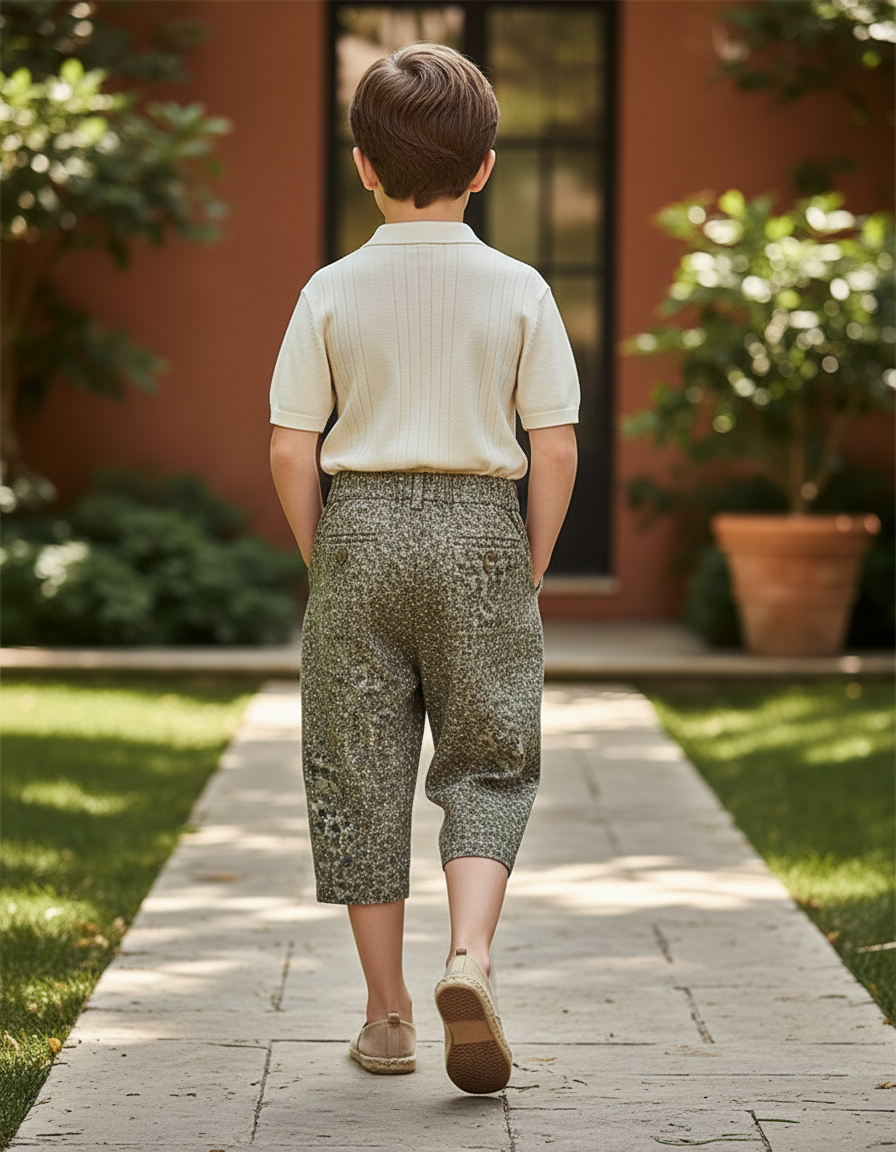 Pantalon En Lin Ample Vert Imprimé Décontracté Enfant - Kaki Tweed - vue 2