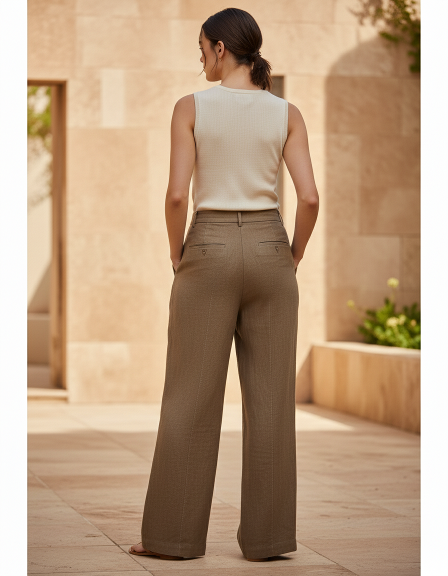 Pantalon En Lin Kaki Ample Plissé Fluide Élégant - vue 2