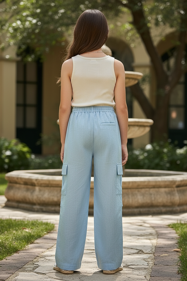 Pantalon En Lin Bleu Cargo Ample Fille Décontracté - vue 2