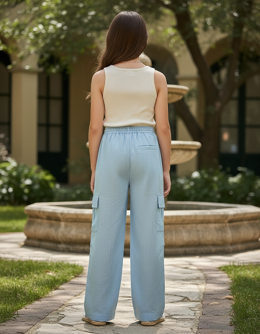 Pantalon En Lin Bleu Cargo Ample Fille Décontracté - vue 2