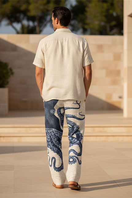 Pantalon En Lin Imprimé Poulpe Ample Décontracté Homme - vue 2