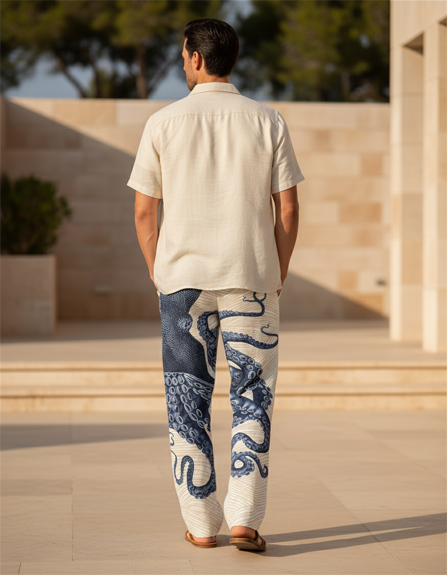 Pantalon En Lin Imprimé Poulpe Ample Décontracté Homme - vue 2