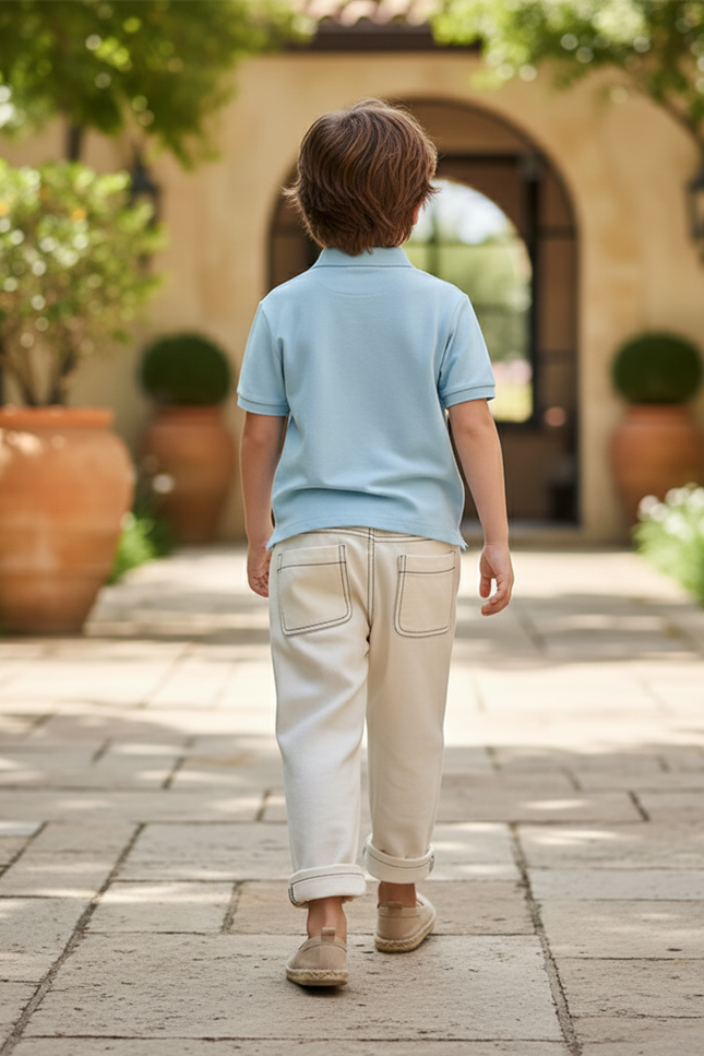 Pantalon En Lin Crème Ample Surpiqué Garçon - Beige - vue 2