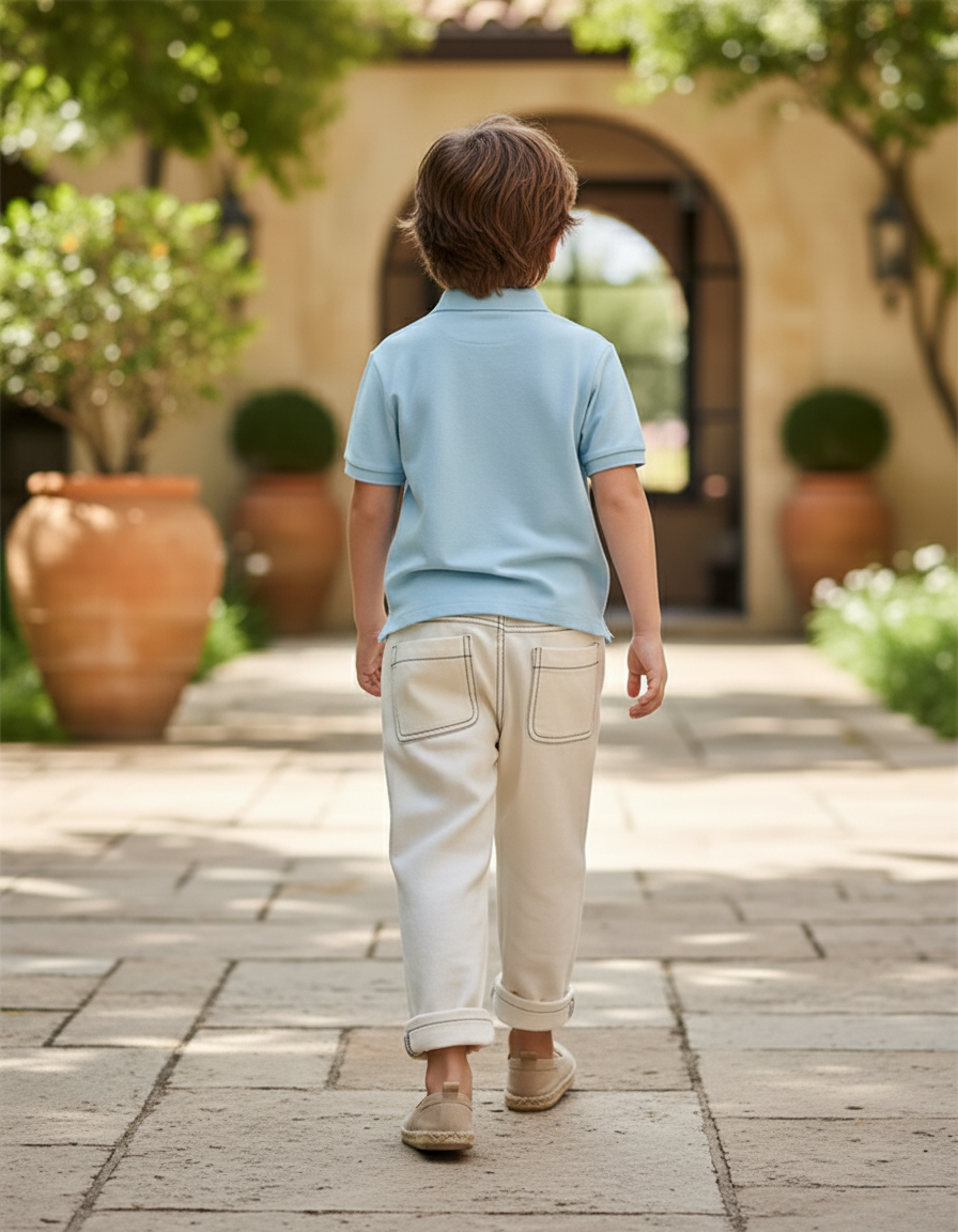 Pantalon En Lin Crème Ample Surpiqué Garçon - Beige - vue 2
