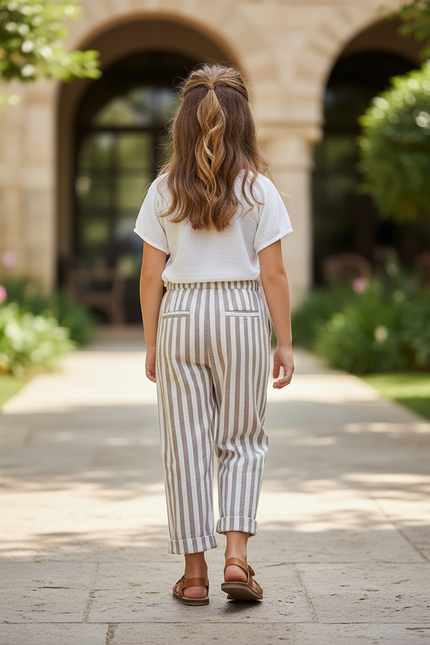 Pantalon En Lin Rayures - Beige - vue 2