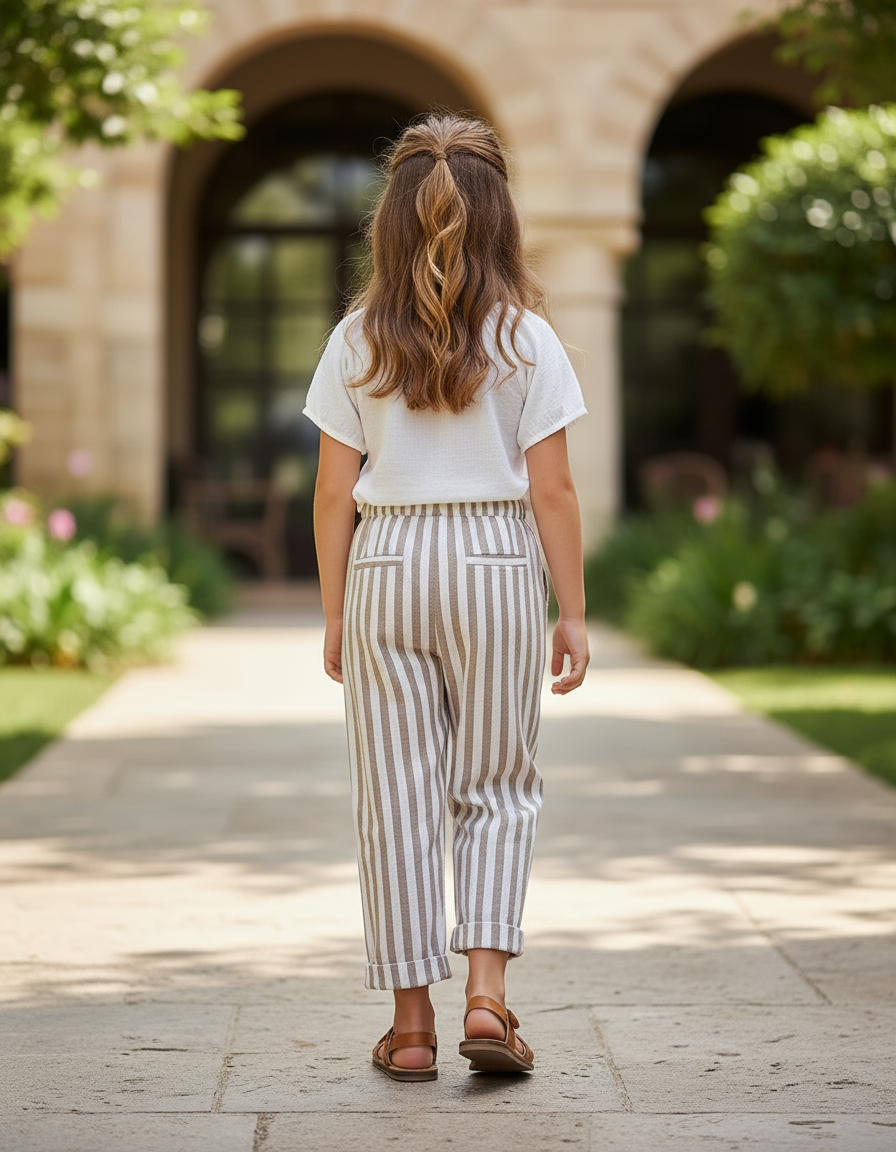 Pantalon En Lin Rayures - Beige - vue 2