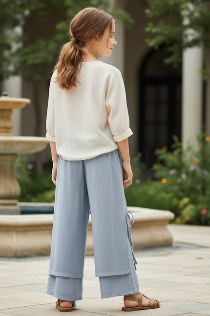 Pantalon En Lin Bleu Ample Fendu Enfant - vue 2