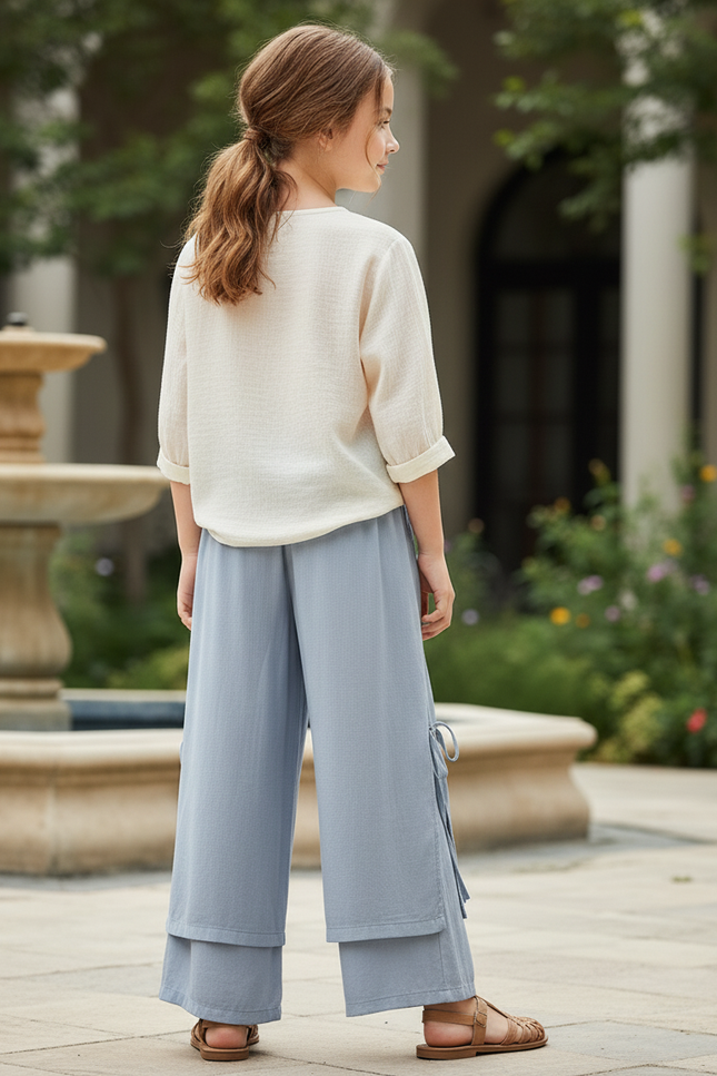 Pantalon En Lin Bleu Ample Fendu Enfant - vue 2