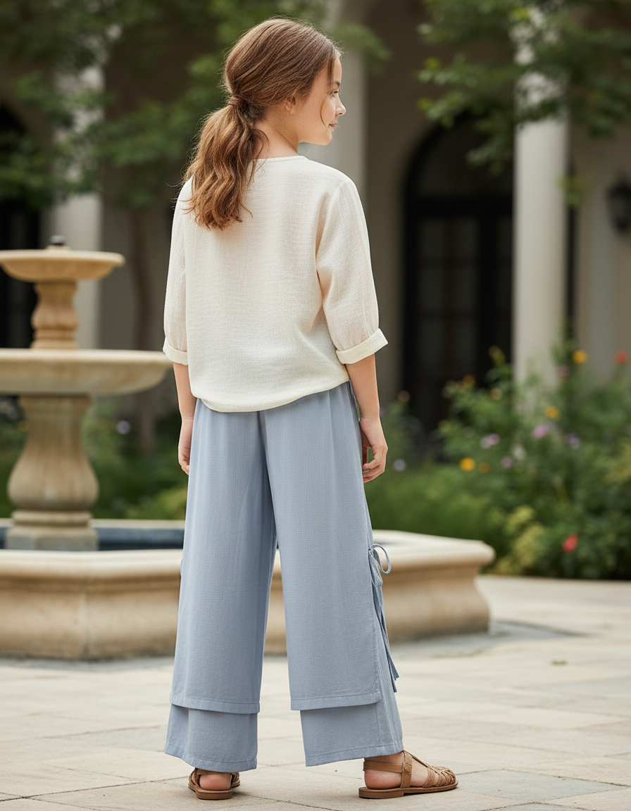 Pantalon En Lin Bleu Ample Fendu Enfant - vue 2