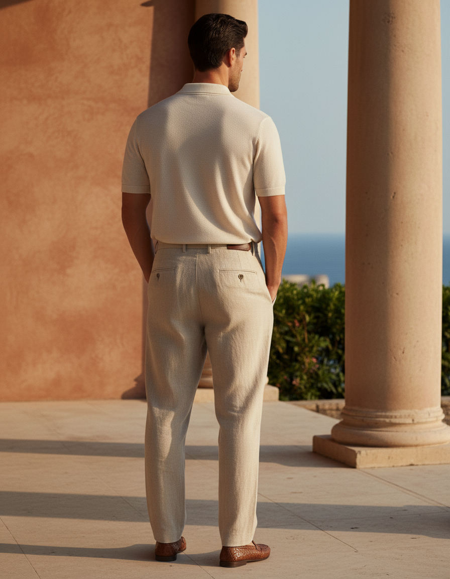 Pantalon En Lin Beige Coupe Droite Élégant Homme - vue 2