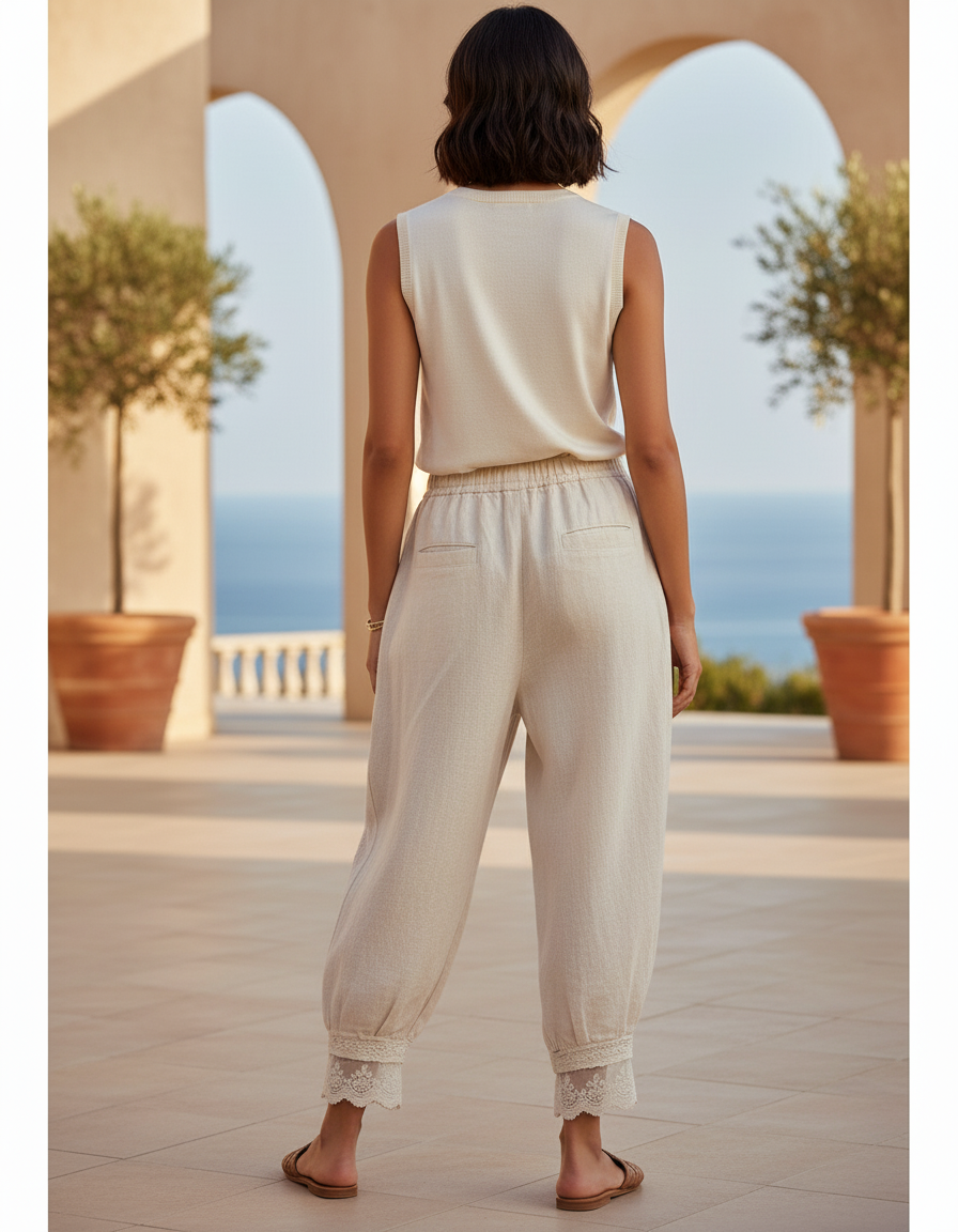Pantalon En Lin Harem Brodé Ample Beige Femme - vue 2