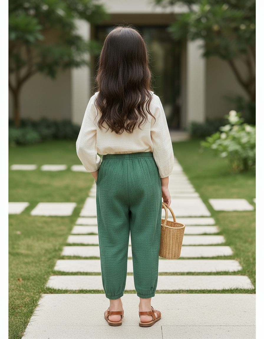 Pantalon En Lin Vert Ample Décontracté Enfant - vue 2