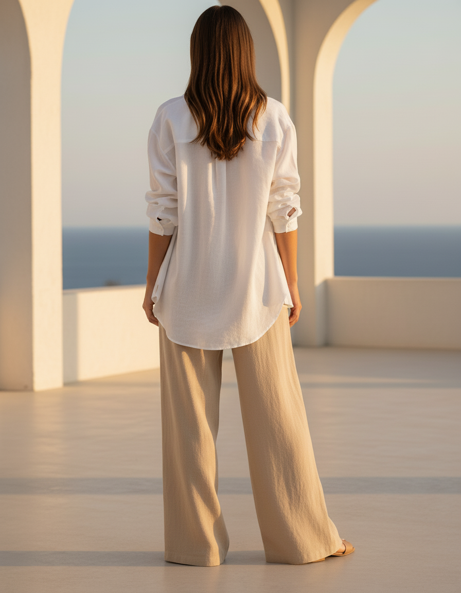 Pantalon En Lin Beige Ample Taille Haute Décontracté Fluide - vue 2