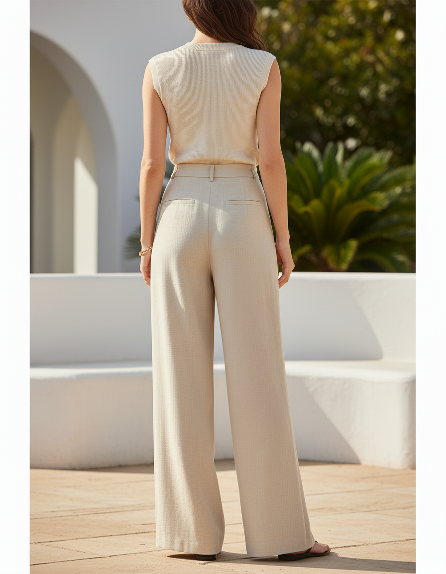 Pantalon En Lin Beige Ample Fluide Élégant Décontracté - vue 2