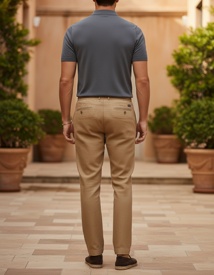 Pantalon En Lin Homme Beige Décontracté Cordon - vue 2
