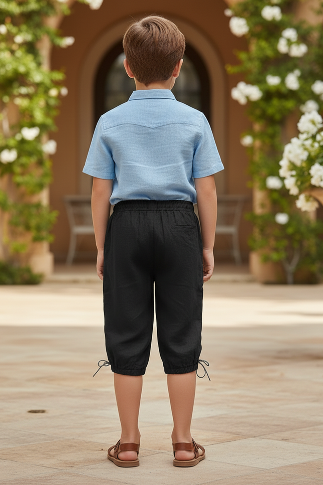 Pantalon En Lin Noir Ample Décontracté Lacets Enfant - vue 2