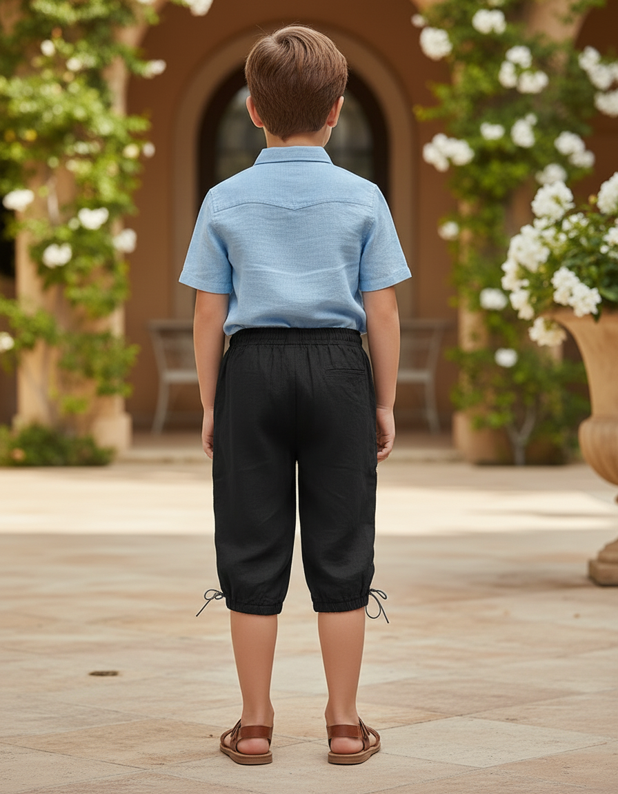 Pantalon En Lin Noir Ample Décontracté Lacets Enfant - vue 2