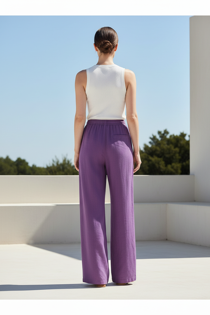 Pantalon En Lin Violet Ample Fluide Cordon Décontracté - vue 2
