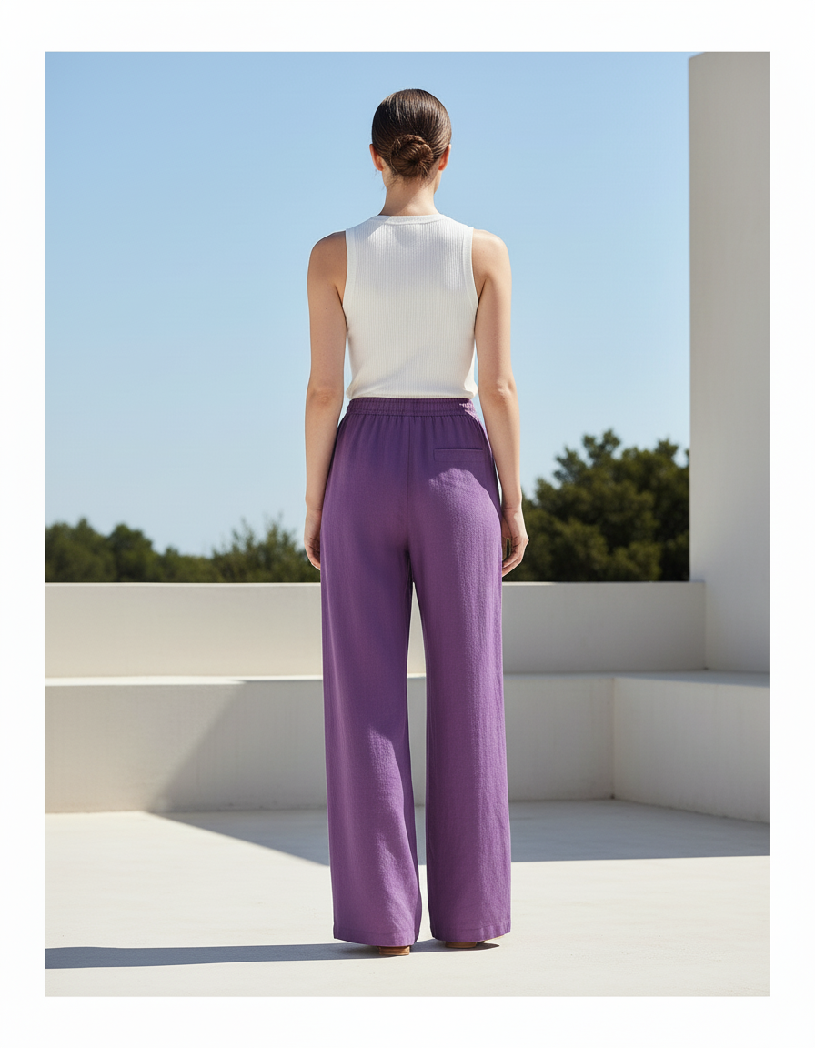 Pantalon En Lin Violet Ample Fluide Cordon Décontracté - vue 2