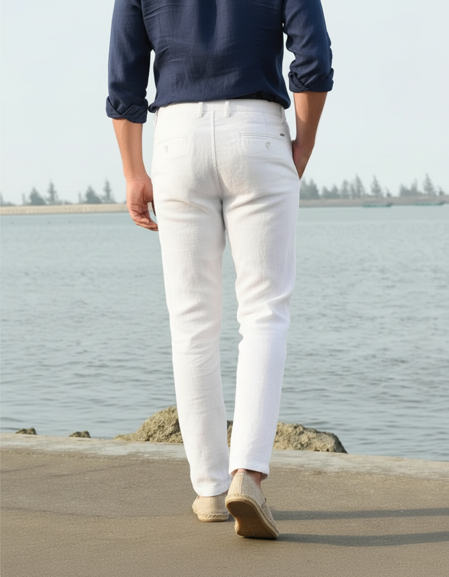 Pantalon En Lin Blanc Décontracté Homme Léger - vue 2