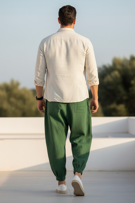 Pantalon En Lin Homme Vert - vue 2
