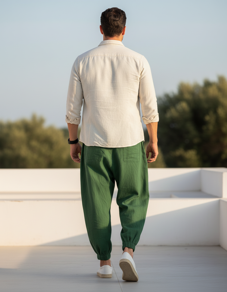 Pantalon En Lin Homme Vert - vue 2