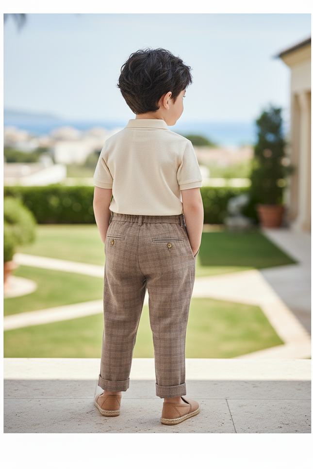 Pantalon En Lin Carreaux Marron Plissé Garçon Élégant - vue 2