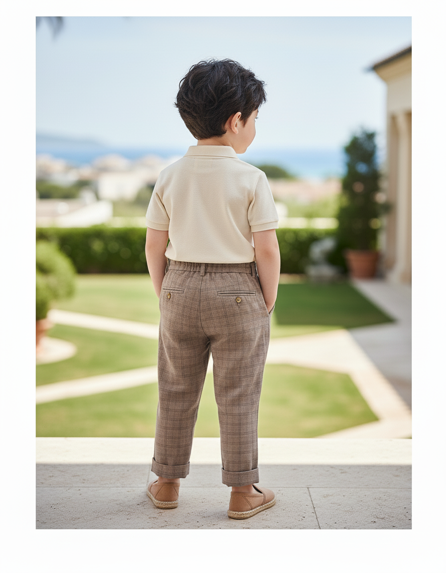 Pantalon En Lin Carreaux Marron Plissé Garçon Élégant - vue 2