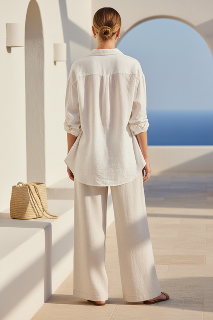 Pantalon En Lin Beige Ample Décontracté Fluide Chic - vue 2