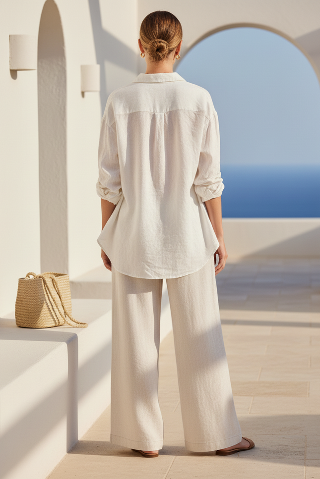 Pantalon En Lin Beige Ample Décontracté Fluide Chic - vue 2