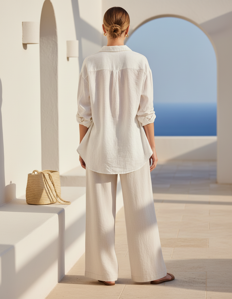 Pantalon En Lin Beige Ample Décontracté Fluide Chic - vue 2