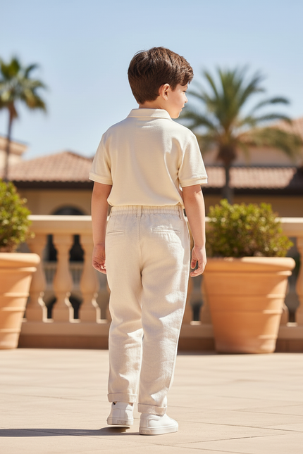 Pantalon En Lin Écru Détails Colorés Décontracté Garçon - Beige - vue 2
