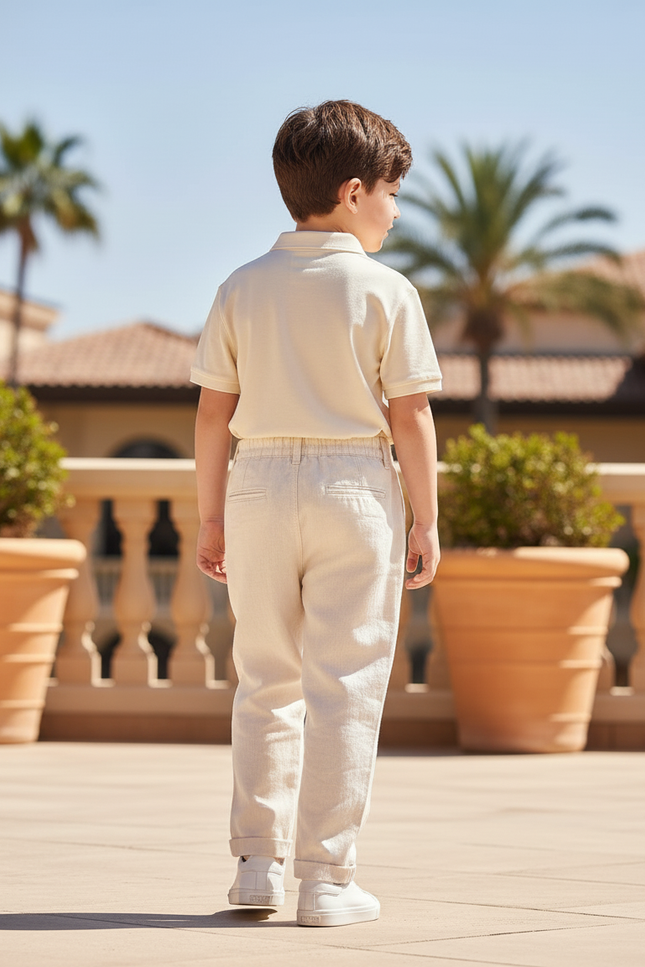 Pantalon En Lin Écru Détails Colorés Décontracté Garçon - Beige - vue 2