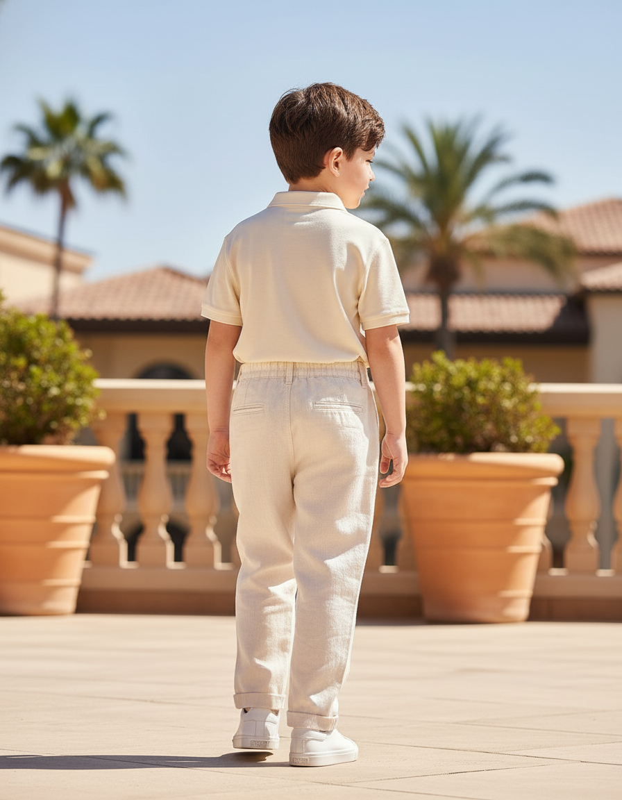 Pantalon En Lin Écru Détails Colorés Décontracté Garçon - Beige - vue 2