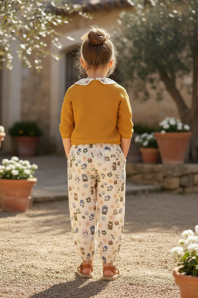 Pantalon En Lin Crème Ample Imprimé Floral Enfant - Beige - vue 2