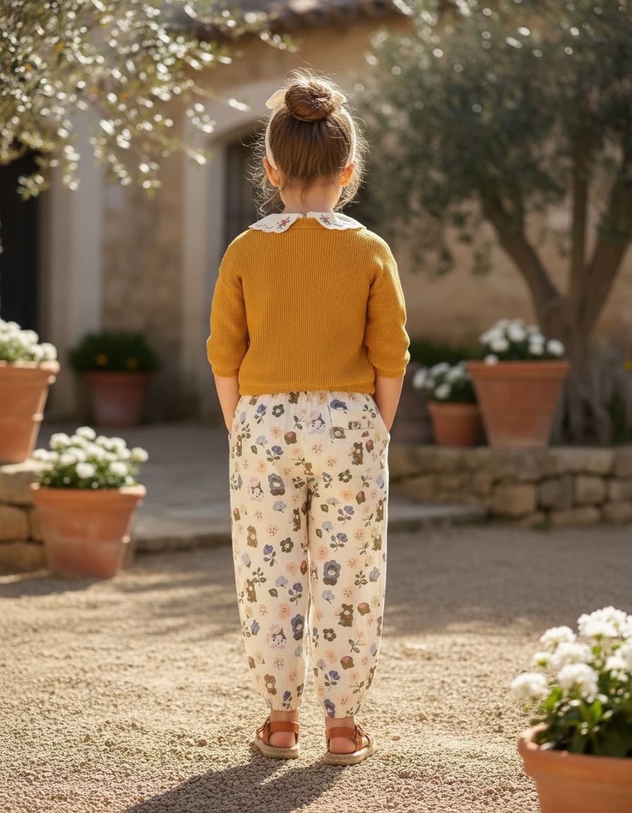 Pantalon En Lin Crème Ample Imprimé Floral Enfant - Beige - vue 2