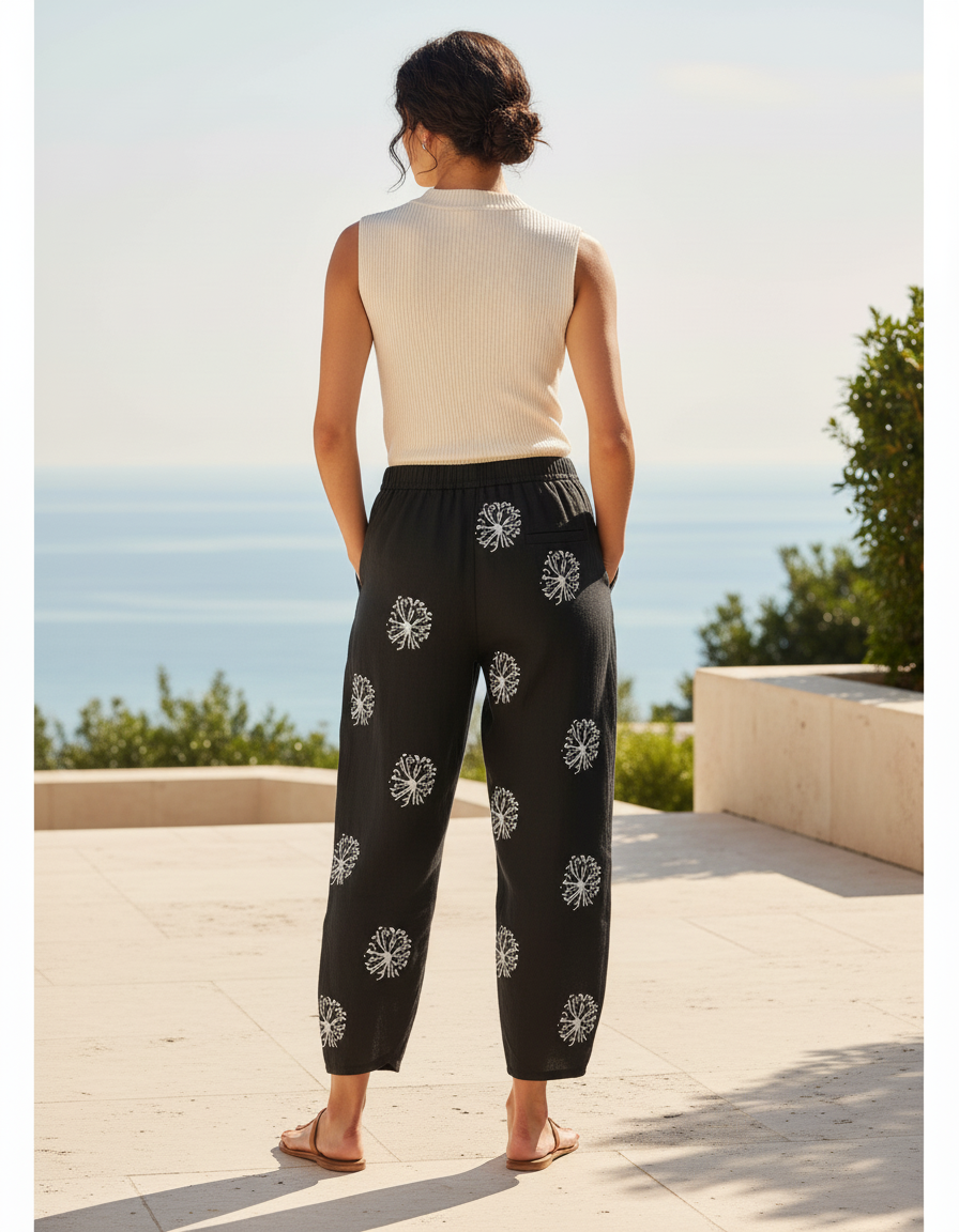 Pantalon En Lin Noir Imprimé Ample Décontracté Femme - vue 2