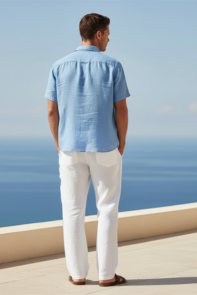 Pantalon En Lin Blanc Imprimé Poissons Bleus Décontracté Homme - vue 2