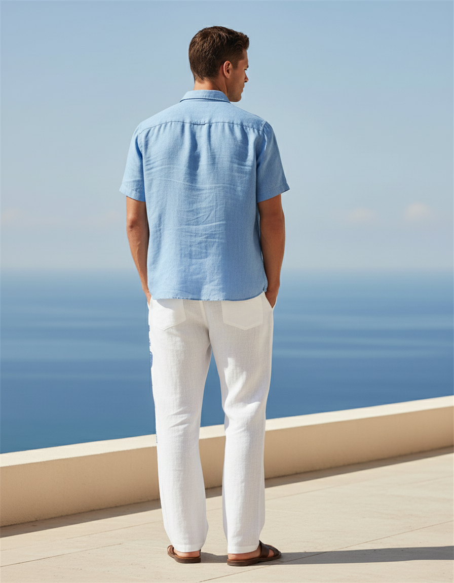 Pantalon En Lin Blanc Imprimé Poissons Bleus Décontracté Homme - vue 2