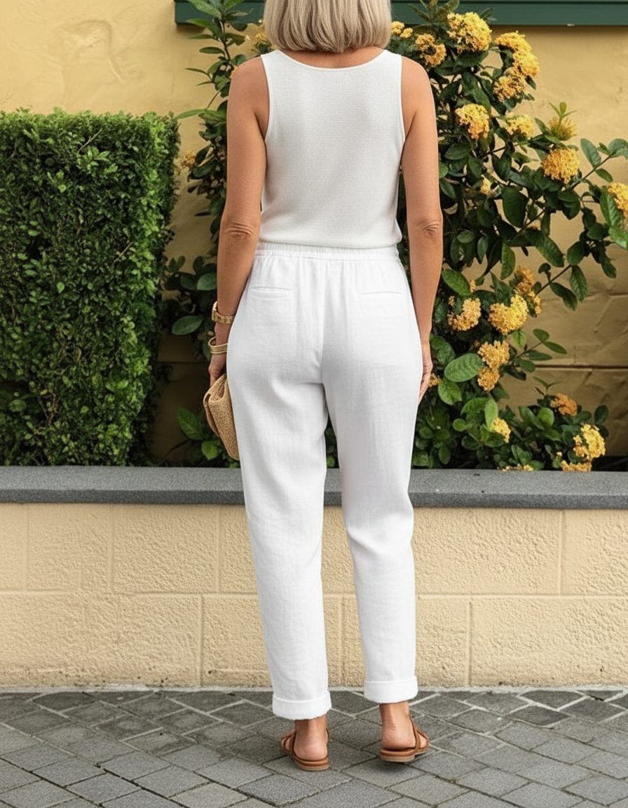 Pantalon En Lin Blanc Cordon Fluide Décontracté Femme - vue 2