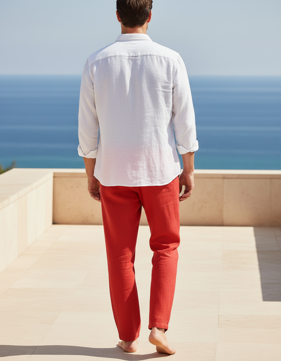 Pantalon En Lin Rouge Ample Décontracté Homme - vue 2