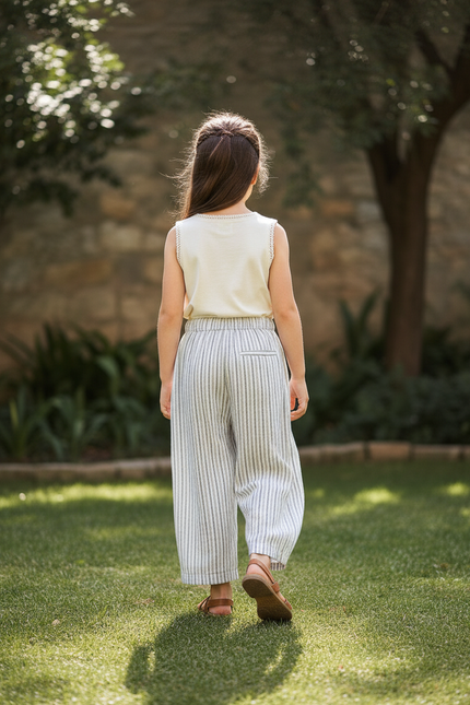Pantalon En Lin Raye Bleu Et Blanc - vue 2